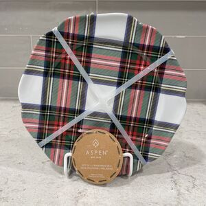 Set 4 Aspen TARTAN PLAID 8.5” Salad Dessert Appetizer Plates Melamine CHRISTMAS